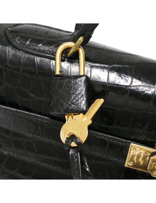 Kelly 32 HERMES Porosus noir Vintage