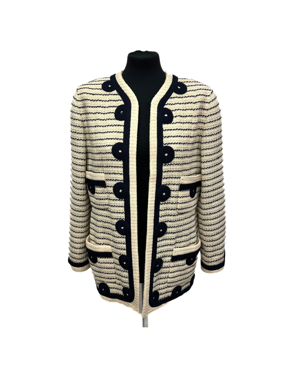 Veste CHANEL tweed beige fils bleus Vintage