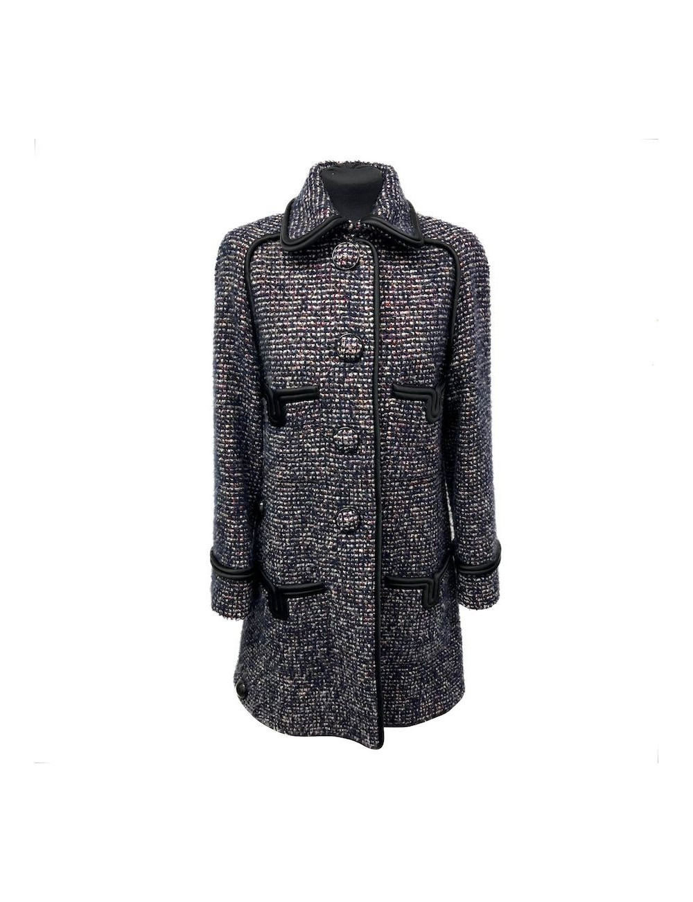 Manteau CHANEL cachemire bleu gansé de soie