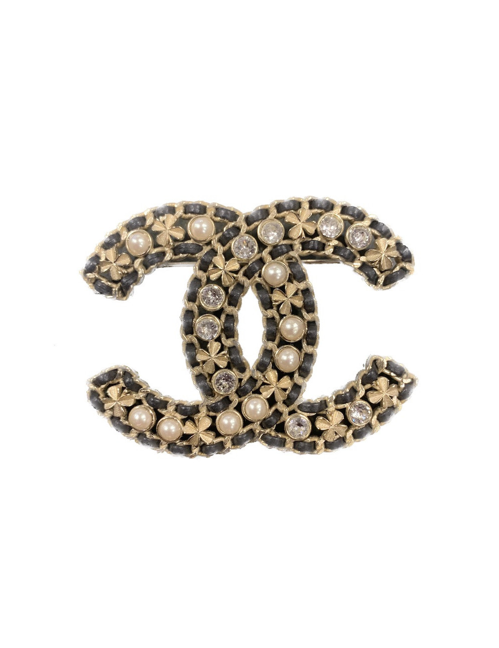 Broche CHANEL dorée perles strass