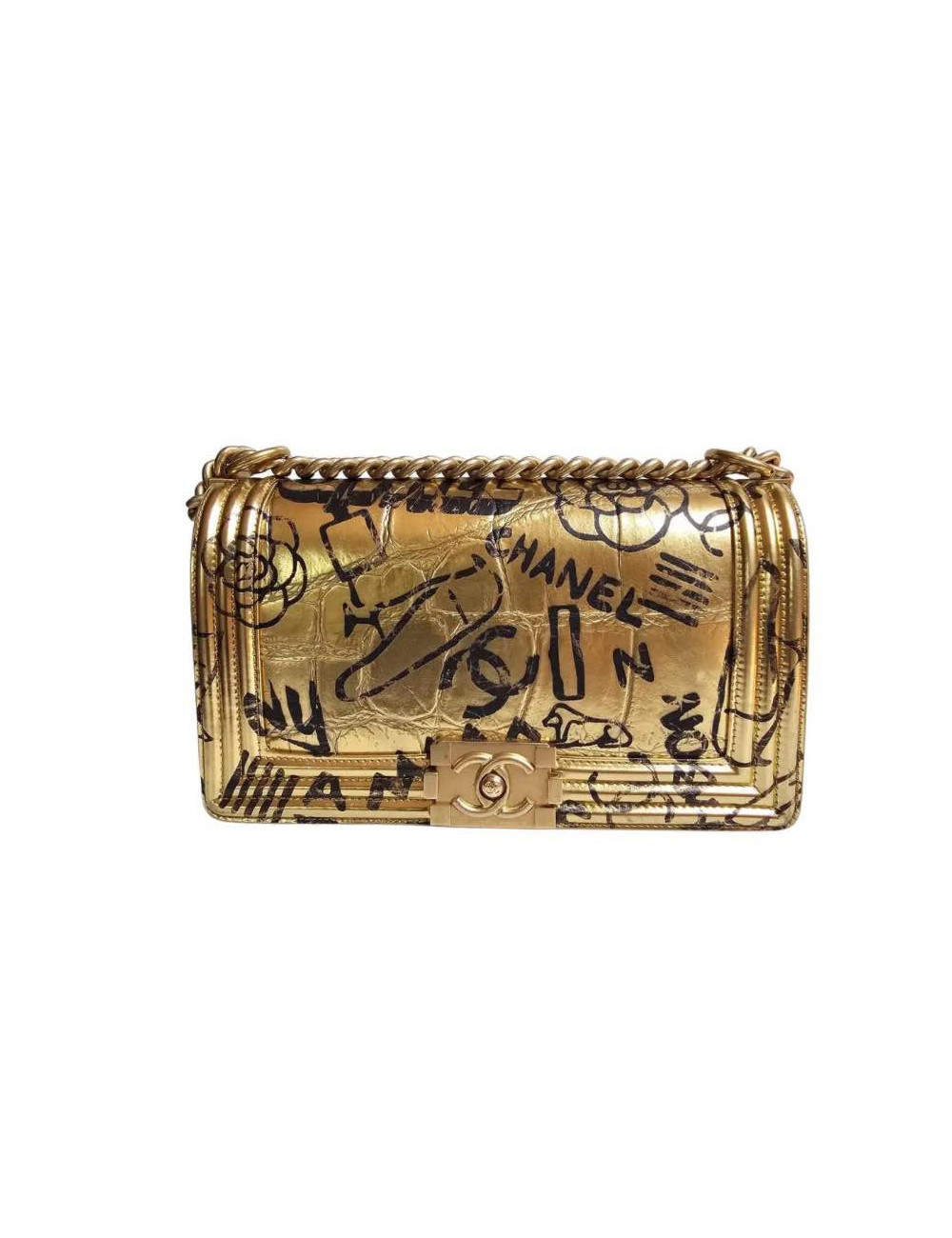 Sac Boy CHANEL doré Graffiti façon croco embossé