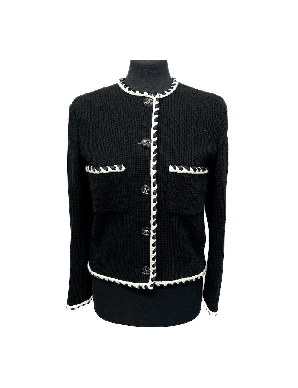 Veste CHANEL T 36 noire gansée blanc