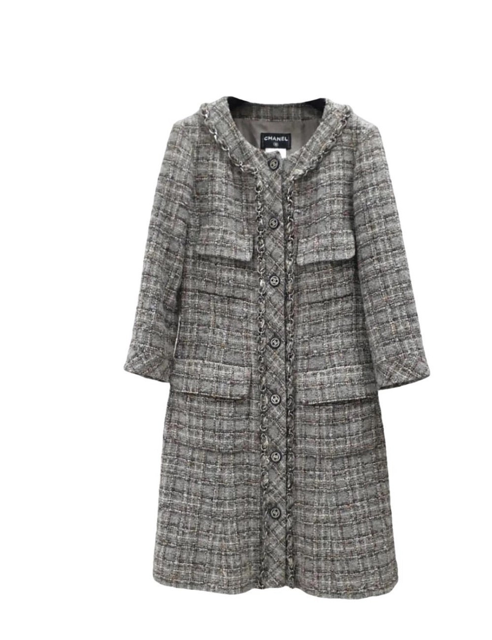 Manteau CHANEL T 42 gansé de chaine entrelacée de tweed