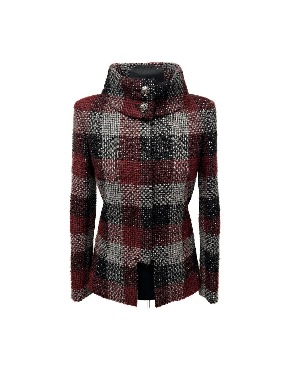 CHANEL jacket in red, silver and black check tweed size 38FR