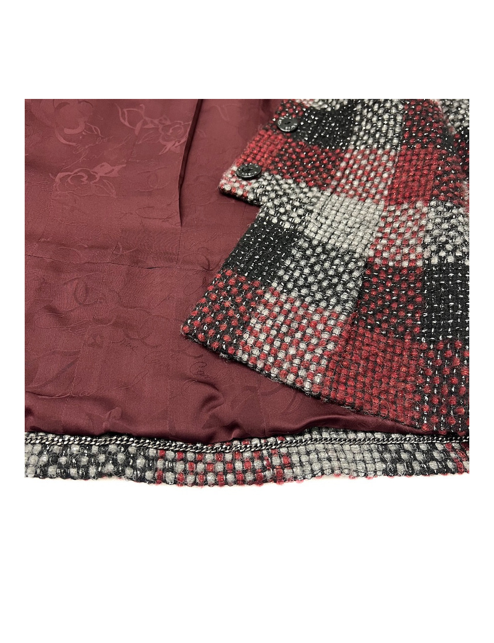 CHANEL jacket in red, silver and black check tweed size 38FR