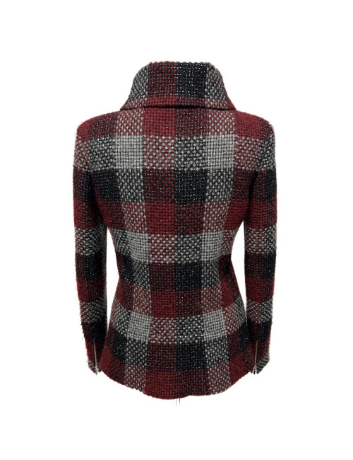 CHANEL jacket in red, silver and black check tweed size 38FR