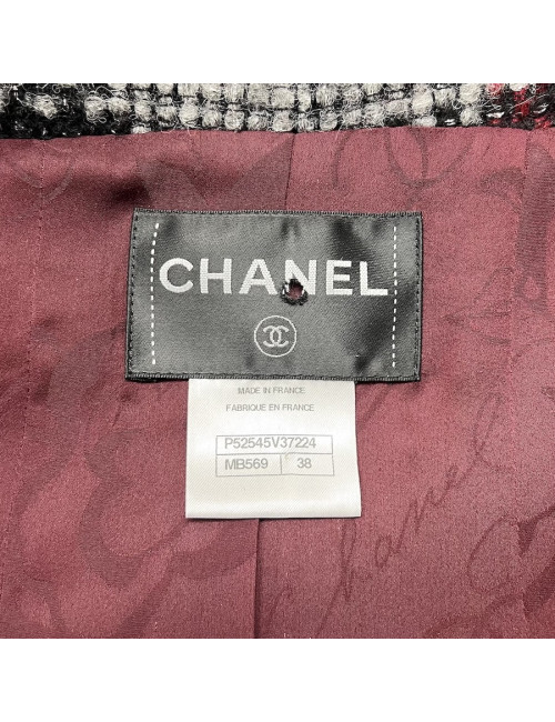 CHANEL jacket in red, silver and black check tweed size 38FR