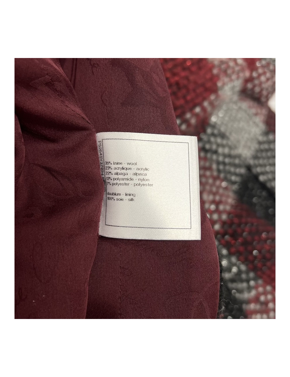 CHANEL jacket in red, silver and black check tweed size 38FR