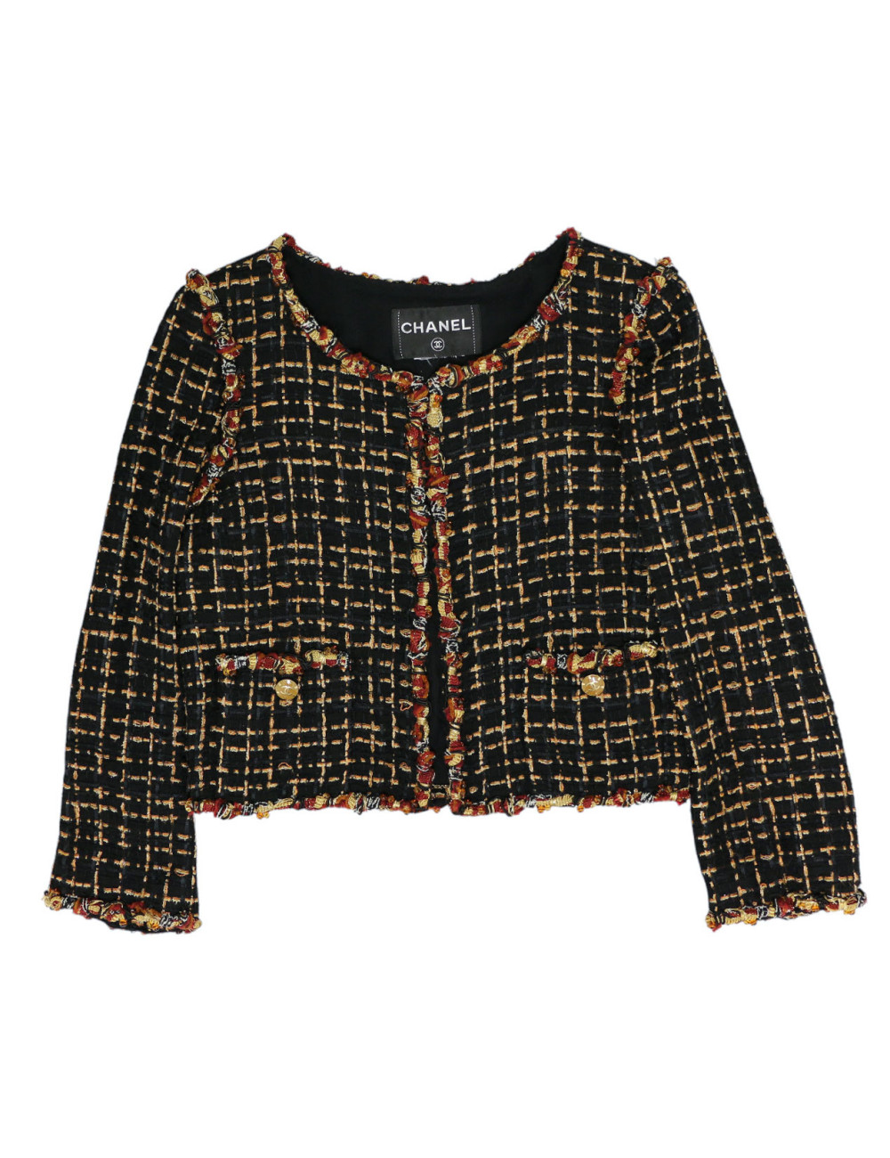 Veste courte tweed noir et ambre CHANEL t36
