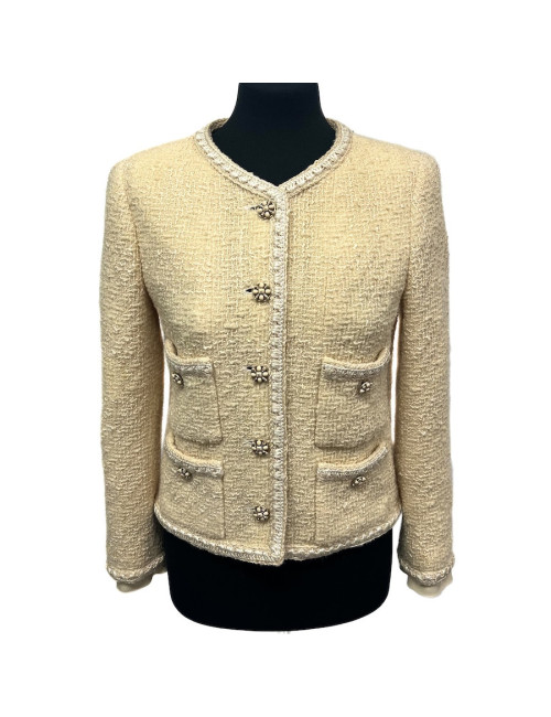 Veste CHANEL T 40 tweed écru fils d'or