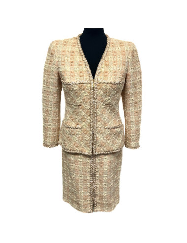 Tailleur CHANEL T 42 tweed écru fils d'or sequins