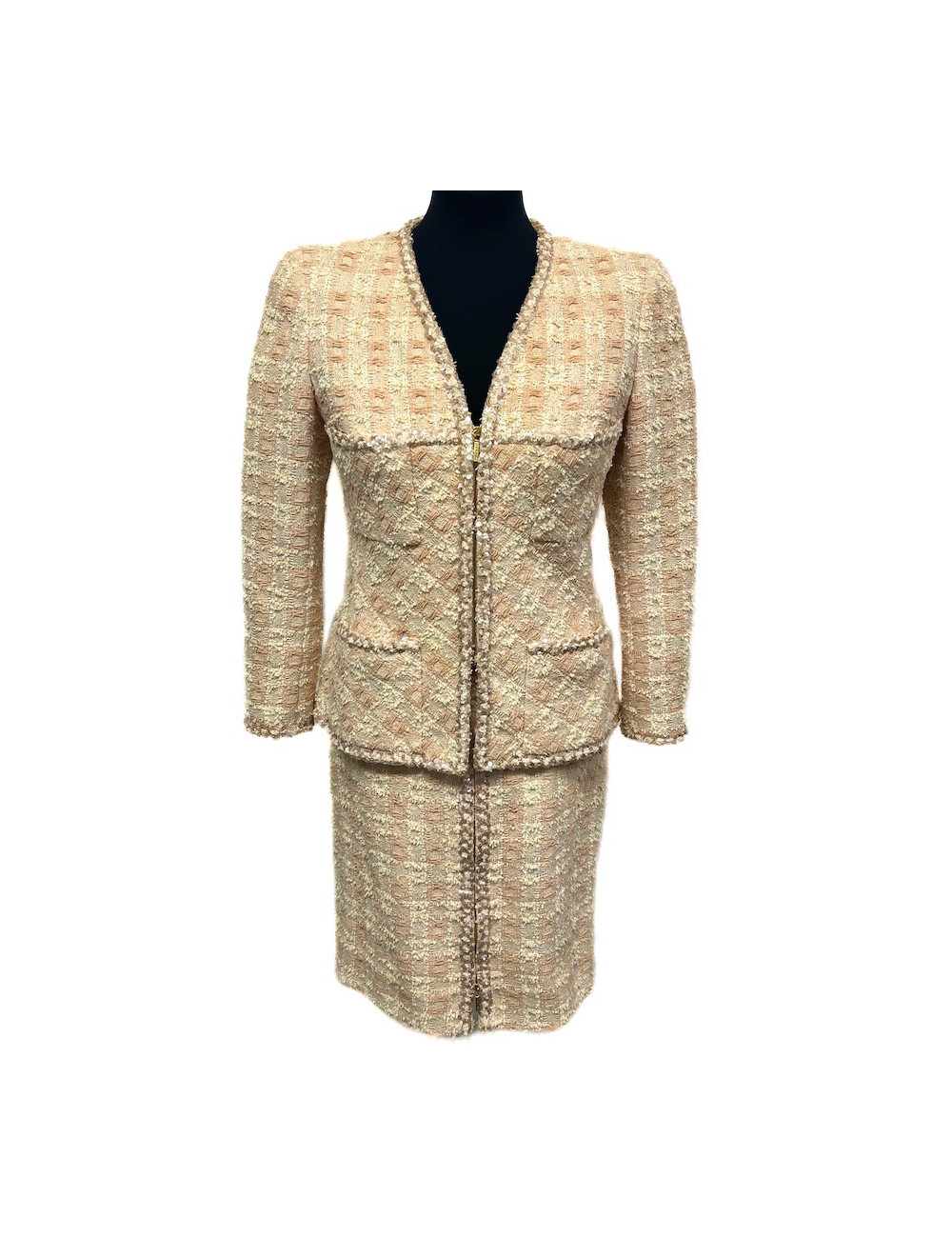Tailleur CHANEL T 42 tweed écru fils d'or sequins