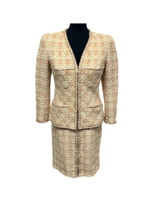 Tailleur CHANEL T 42 tweed écru fils d'or sequins