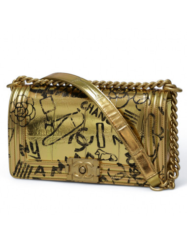 Sac Boy CHANEL doré Graffiti façon croco embossé