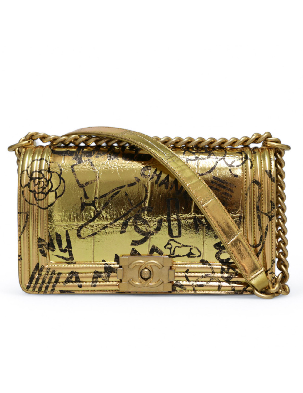 Sac Boy CHANEL doré Graffiti façon croco embossé