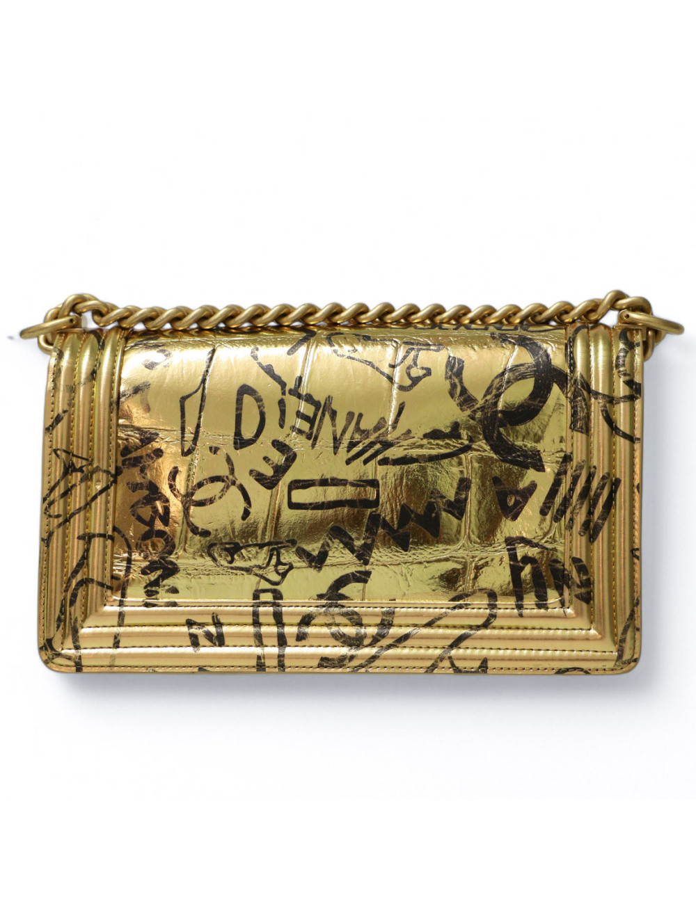 Sac Boy CHANEL doré Graffiti façon croco embossé