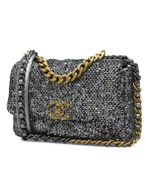 Sac 19 CHANEL laine grise  sequins