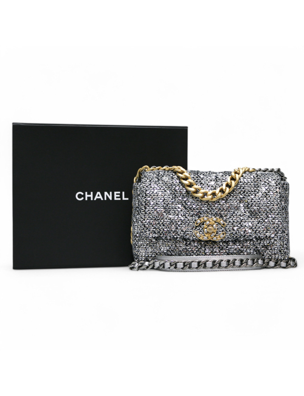 Sac 19 CHANEL laine grise  sequins