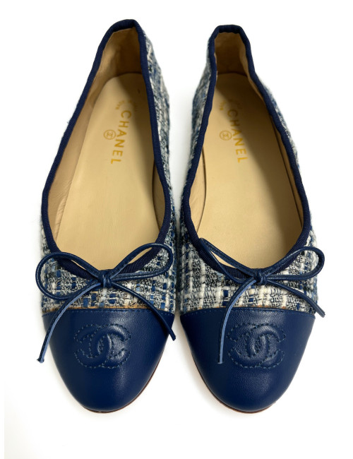 Ballerines Chanel tweed cuir bleu blanc fils d'or occasion certifiée