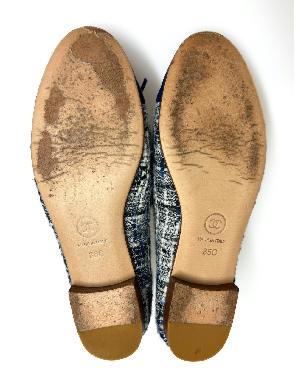 Ballerines Chanel tweed cuir bleu blanc fils d'or occasion certifiée