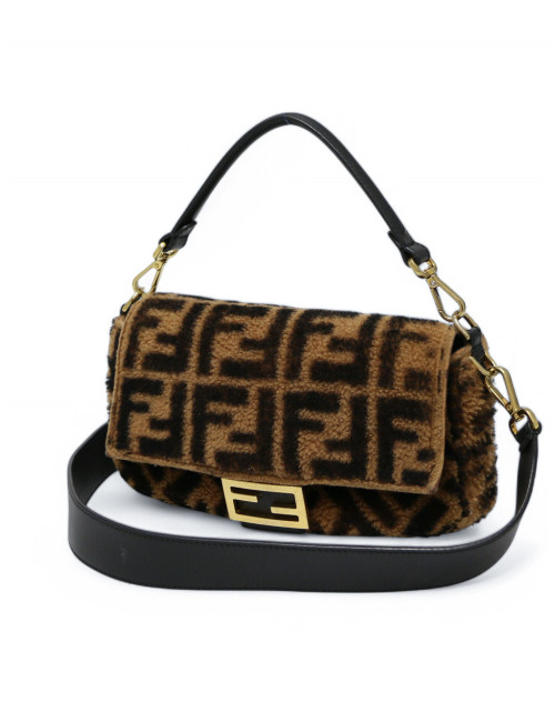Sac baguette FENDI mouton imprimé FF marron noir