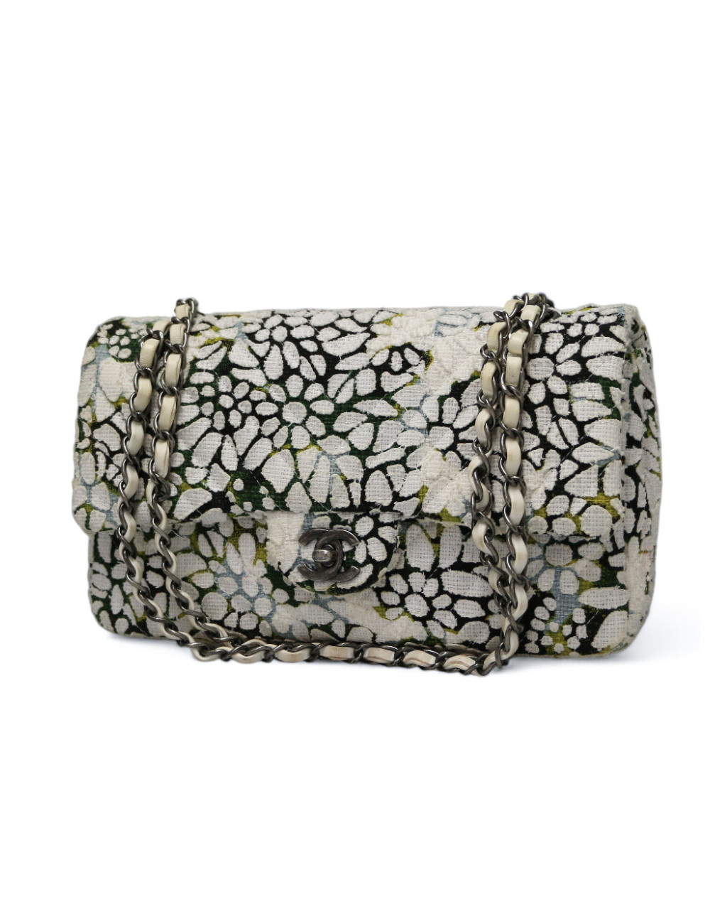 Sac classique chevron CHANEL tweed floral double rabat