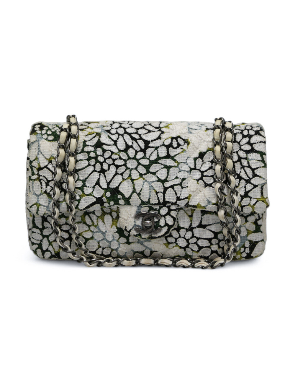 Sac classique chevron CHANEL tweed floral double rabat