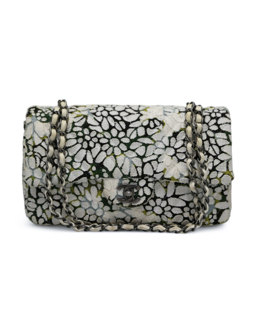 Sac classique chevron CHANEL tweed floral double rabat