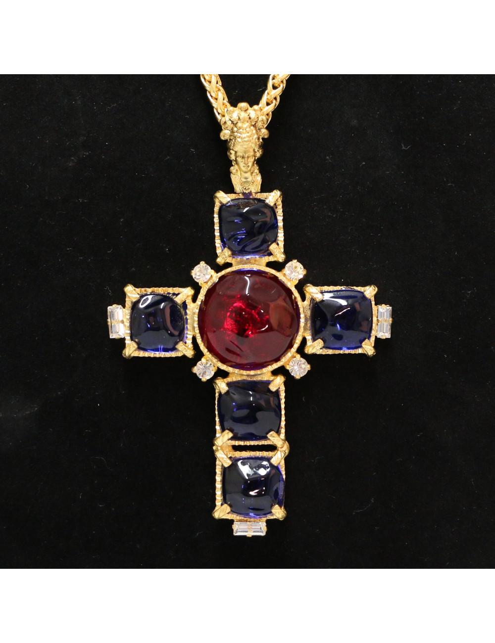 Pate de verre MARGUERITE DE VALOIS sautoir croix