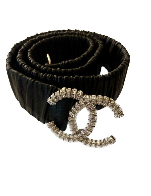 Ceinture CHANEL cuir d'agneau noir froncé