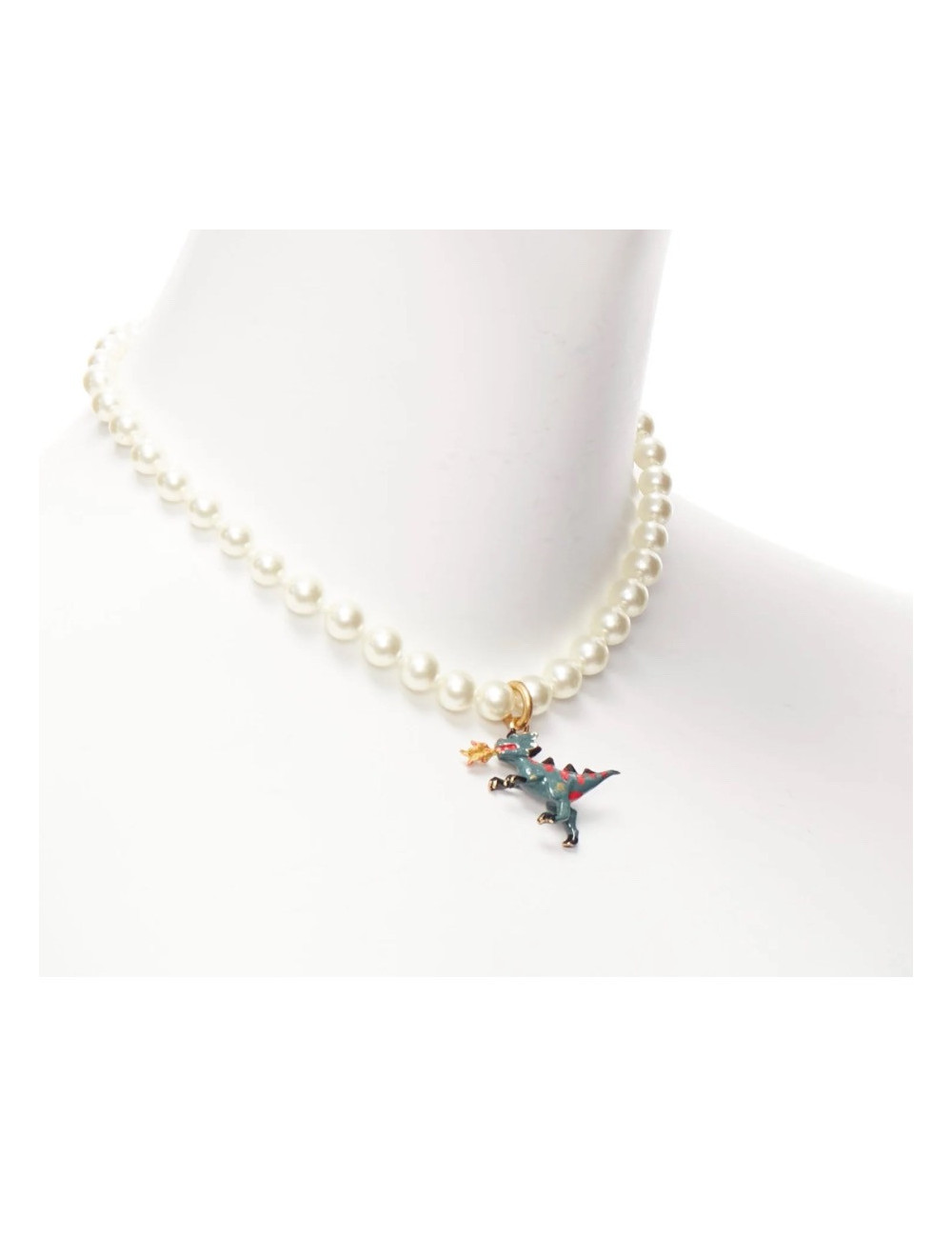 Collier DIOR perles pendentif dinosaure vert