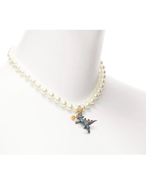 Collier DIOR perles pendentif dinosaure vert