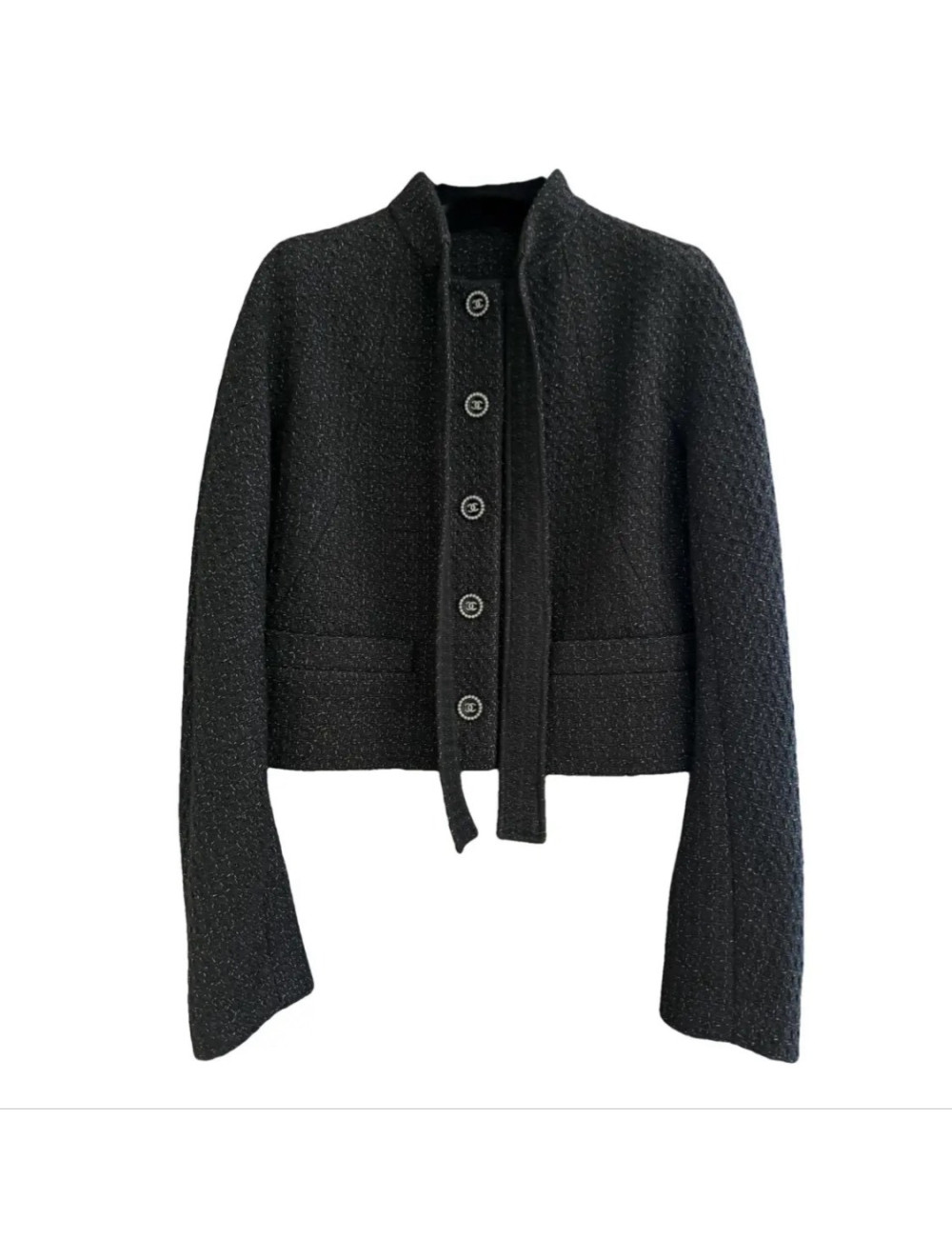 Petite veste CHANEL noire tweed fil d'argent