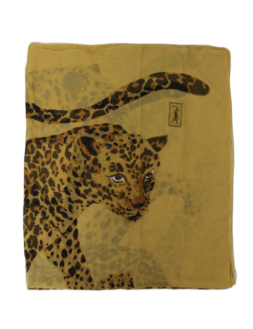 Grand châle YSL vintage en voile de soie imprimé léopards