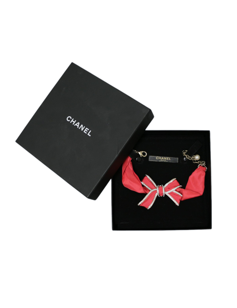 Collier CHANEL noeud satin métal doré strass