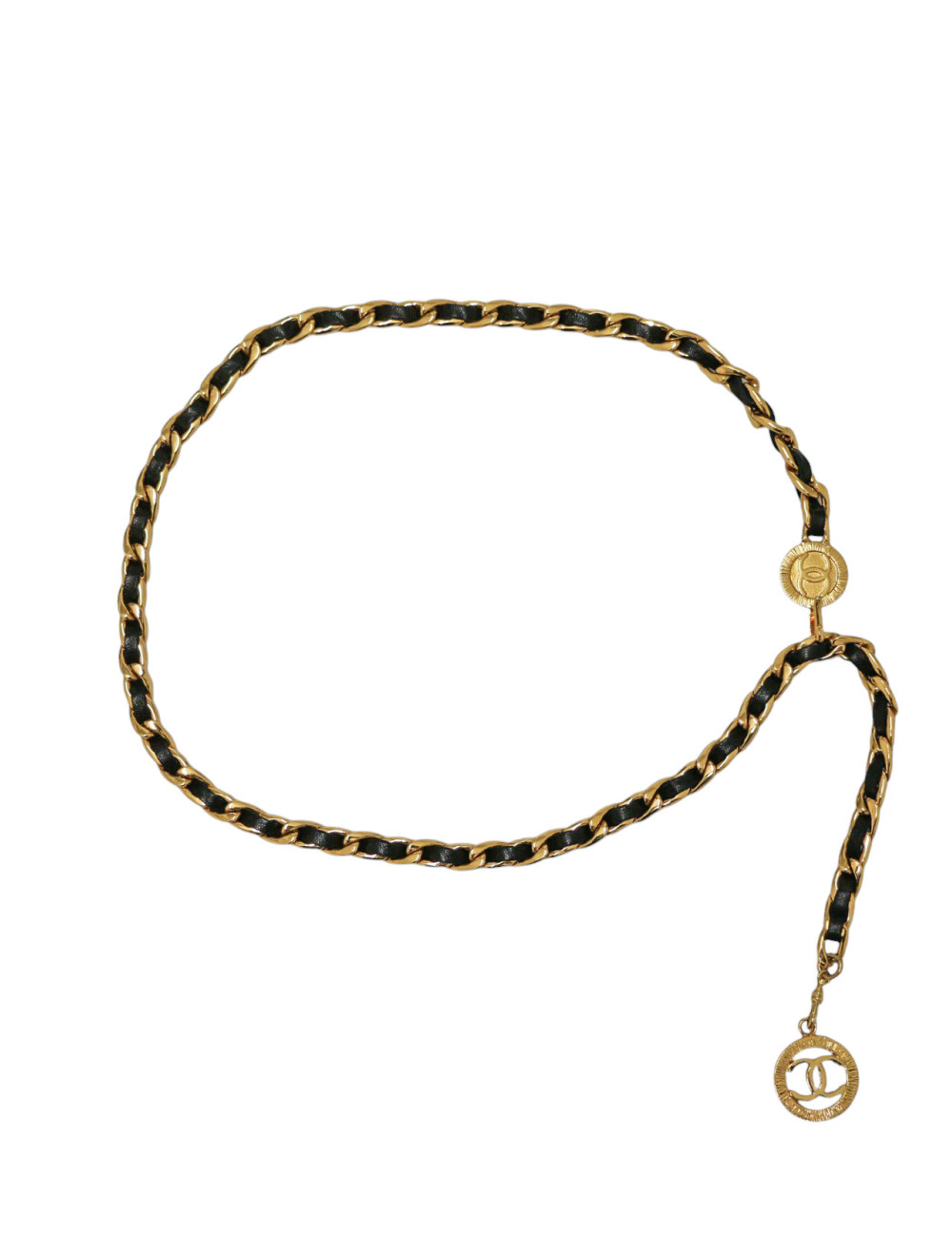 Ceinture vintage médaillon CC CHANEL chaine et cuir