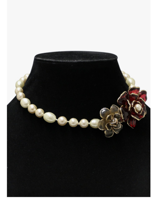 Magnifique ras de cou vintage Chanel pâte de verre camélias et perles