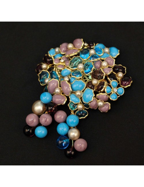 Broche MARGUERITE DE VALOIS "Bouquet de fleurettes parme turquoise"