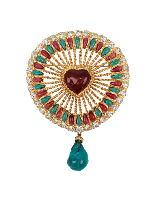 Broche pendentif coeur Marguerite de Valois en pâte de verre colorée.