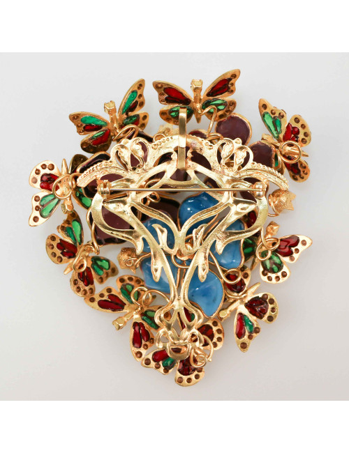 Broche Marguerite de Valois fleurs et papillons en pâte de verre
