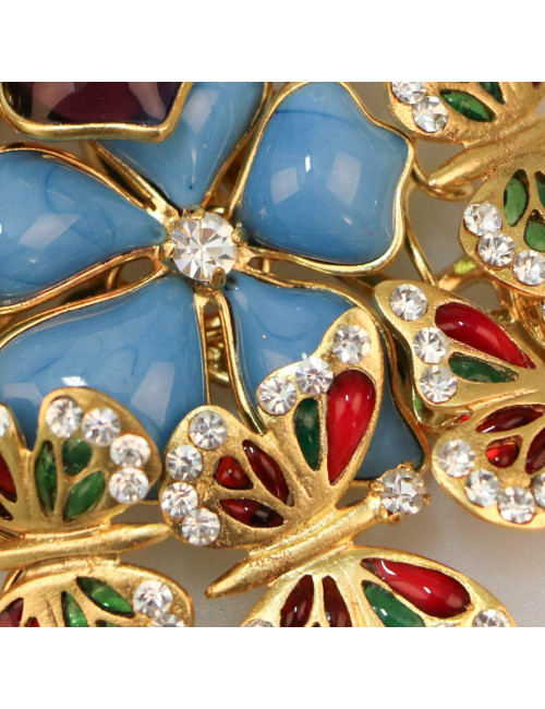 Broche Marguerite de Valois fleurs et papillons en pâte de verre