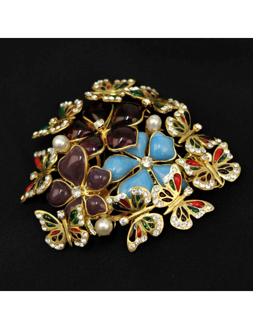 Broche Marguerite de Valois fleurs et papillons en pâte de verre