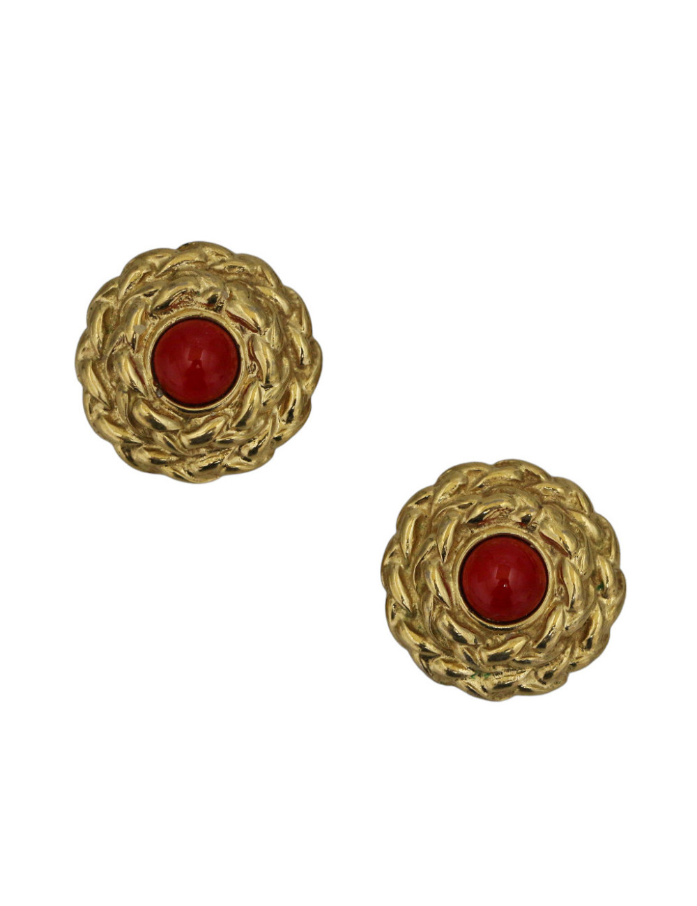 YSL Clips dorés pâte de verre rouge corail