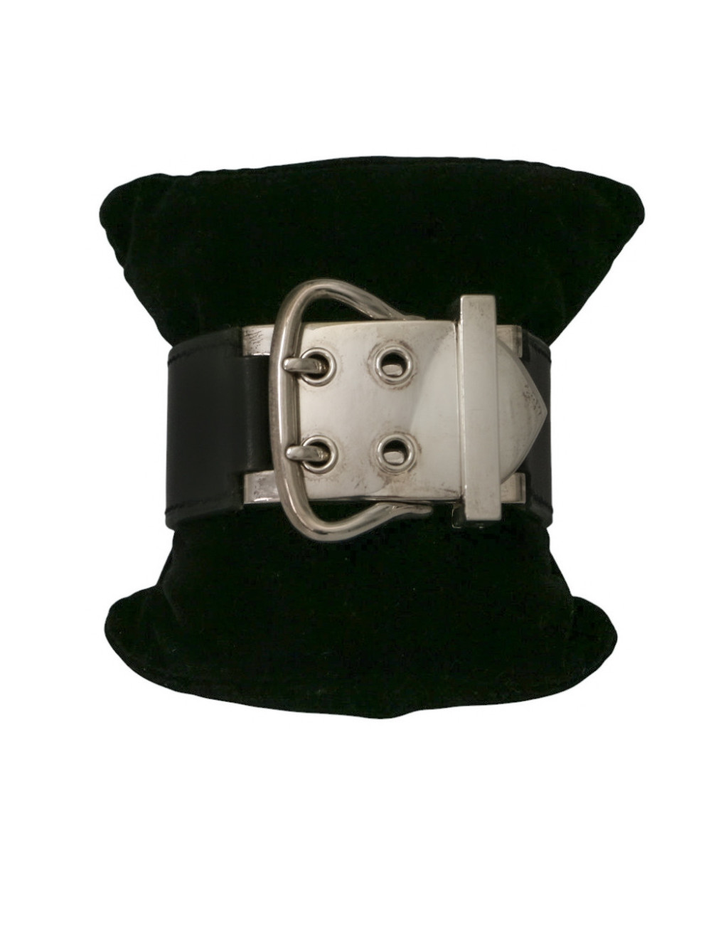 Bracelet manchette HERMES boucle sellier argent cuir noir