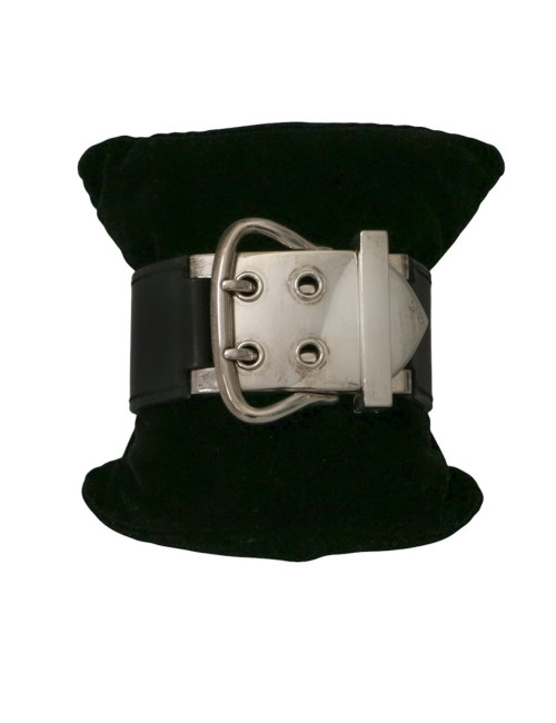 Bracelet manchette HERMES boucle sellier argent cuir noir