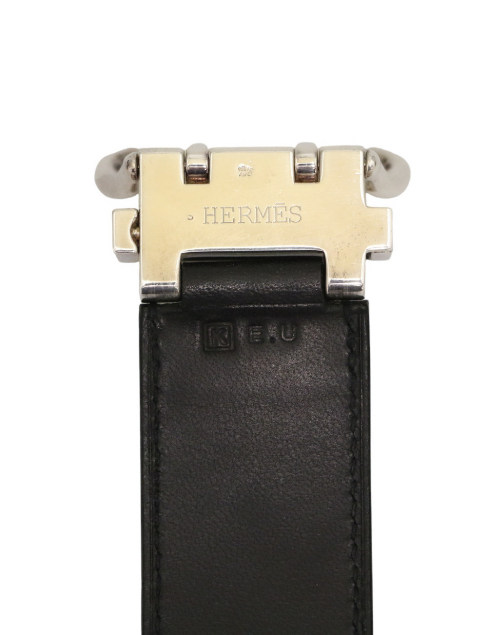 Bracelet manchette HERMES boucle sellier argent cuir noir