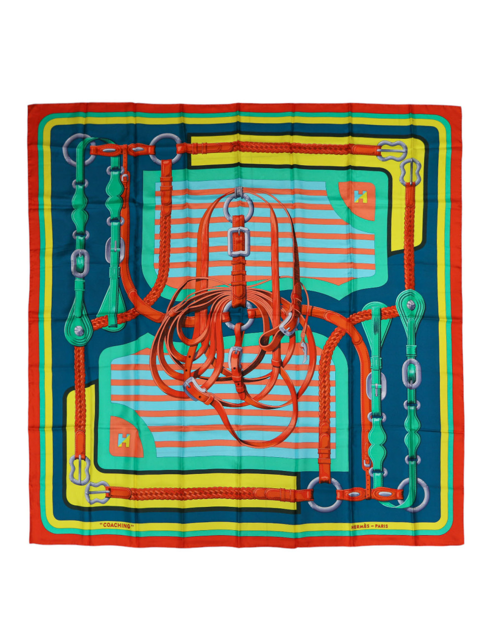 Grand châle Hermès Coaching en soie multicolore