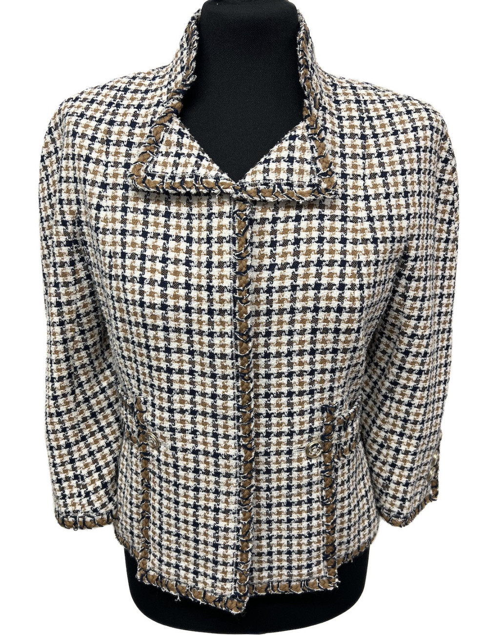 Veste CHANEL T40 pied de poule beige bleu blanc