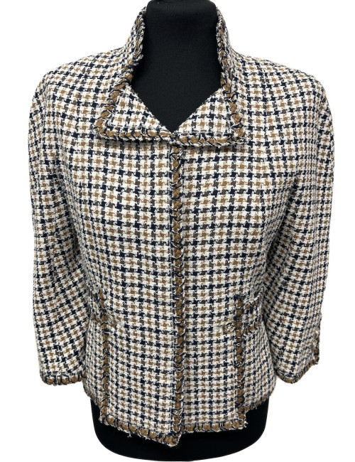 Veste CHANEL T40 pied de poule beige bleu blanc