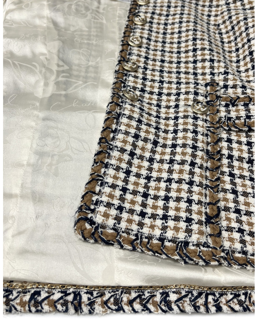 Veste CHANEL T40 pied de poule beige bleu blanc